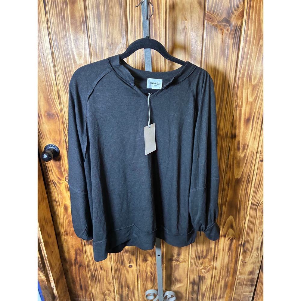 Andree by Unit Womens Black Slub Knit Notched V-Neck Oversized Top MHS115 S NEW